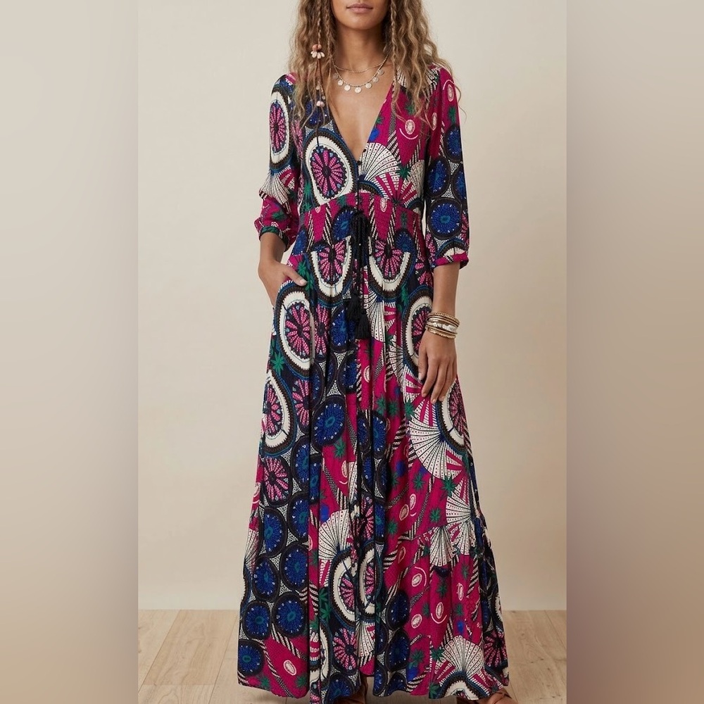 Jaase Boho Maxi Dress with V-Neck in Fuchsia Multi- Size S-100% Rayon